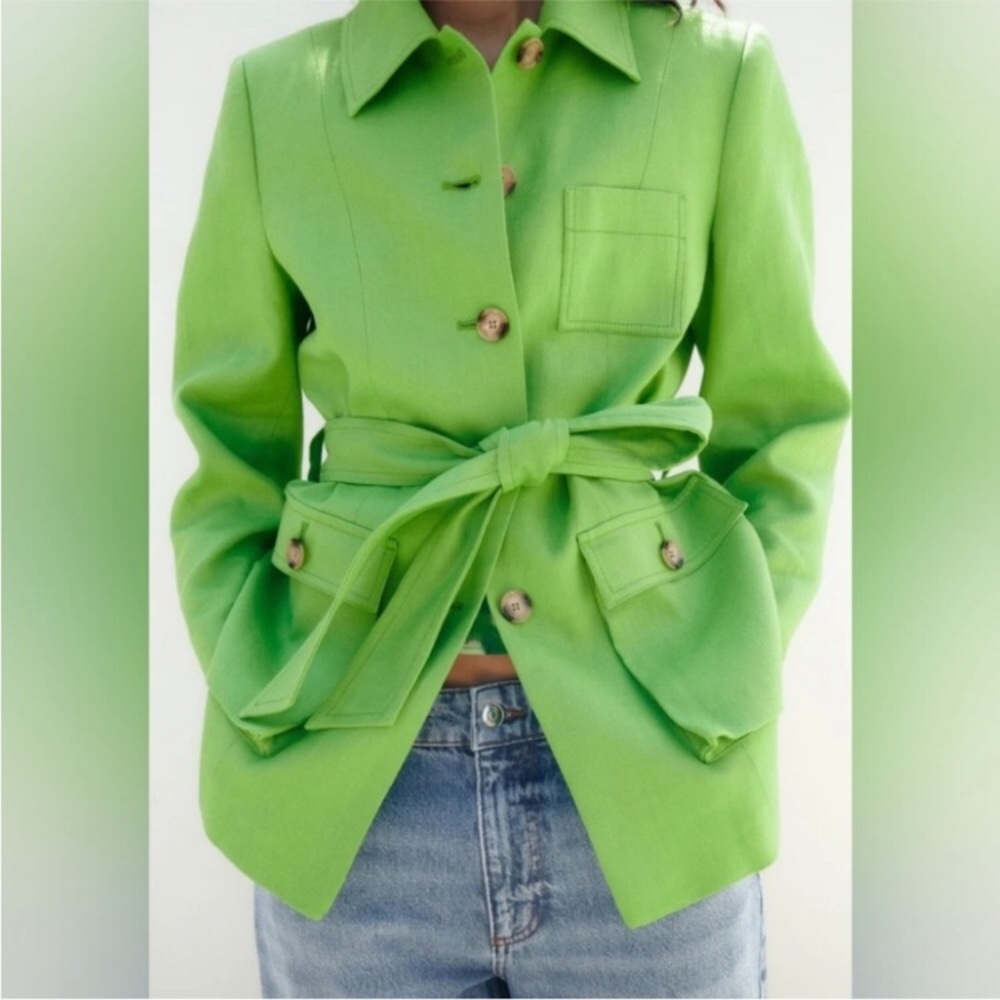 ZARA 100% LINEN SAFARI BLAZER JACKET LIME GREEN BUTTON WOMEMS SMALL - Picture 1 of 10
